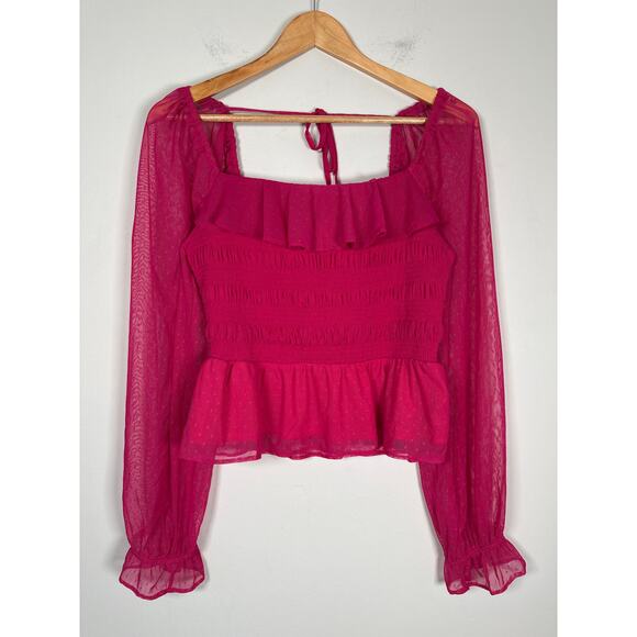 LC Lauren Conrad Tops - Lauren Conrad Blouse Womens Size M Pink Peplum Square Neck Sheer Lace Ruffle